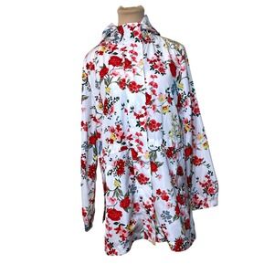 Linda Anderson Floral Hooded Windbreaker Size M White Red Botanical Cottagecore